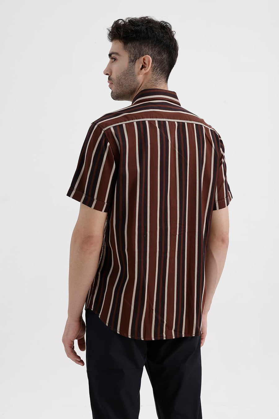 BASICS SLIM FIT MINK BROWN COTTON HERRING BONE STRIPE HALFSLEEVES SHIRT
