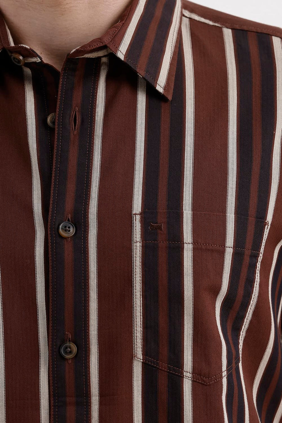 BASICS SLIM FIT MINK BROWN COTTON HERRING BONE STRIPE SHIRT