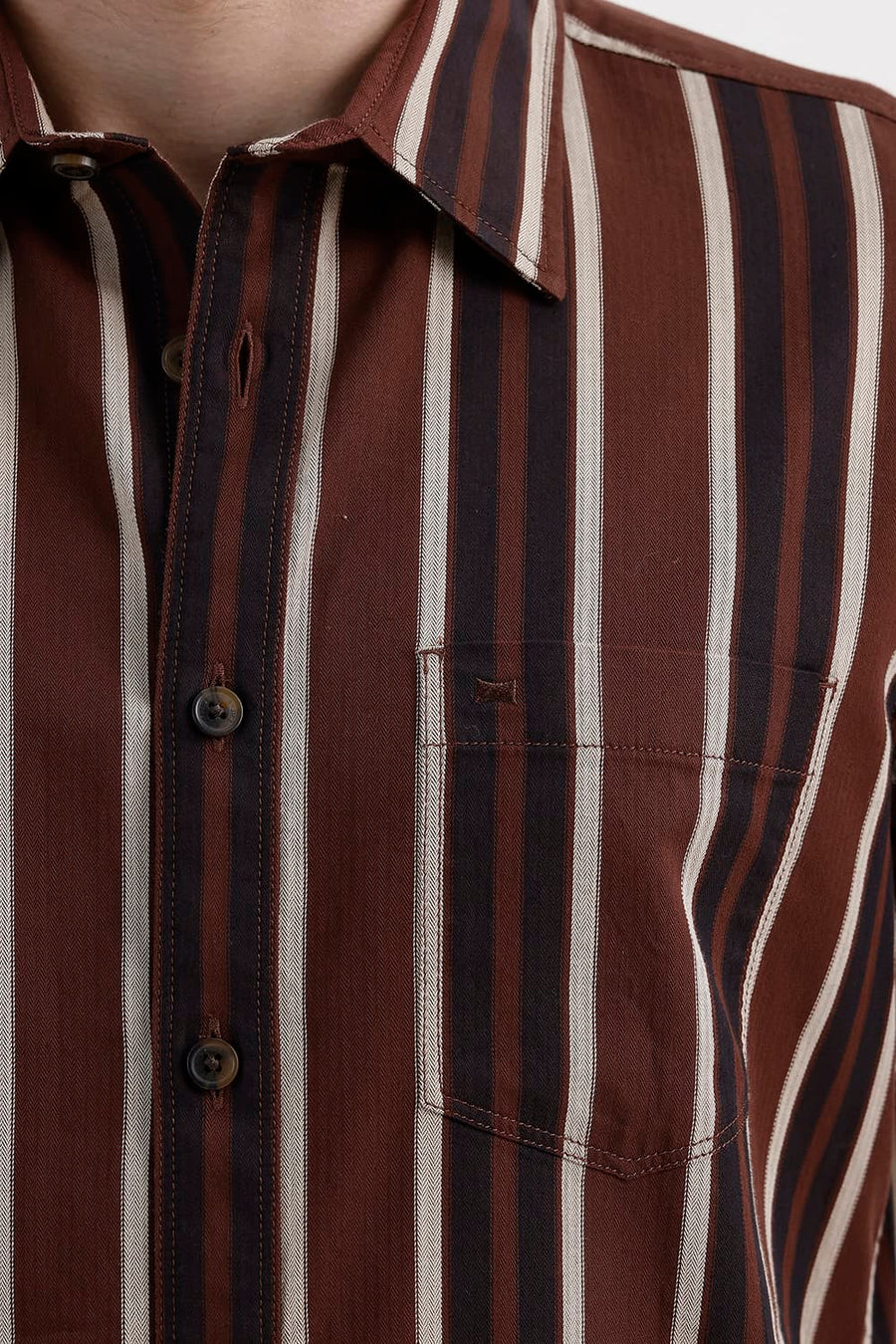 BASICS SLIM FIT MINK BROWN COTTON HERRING BONE STRIPE HALFSLEEVES SHIRT