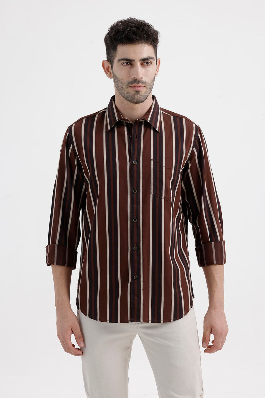BASICS SLIM FIT MINK BROWN COTTON HERRING BONE STRIPE SHIRT