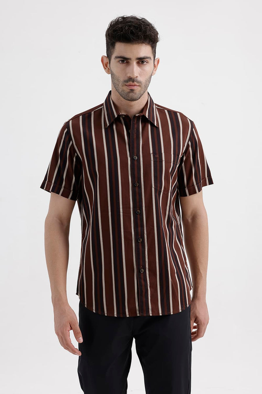 BASICS SLIM FIT MINK BROWN COTTON HERRING BONE STRIPE HALFSLEEVES SHIRT