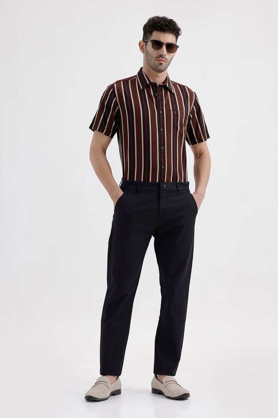 BASICS SLIM FIT MINK BROWN COTTON HERRING BONE STRIPE HALFSLEEVES SHIRT
