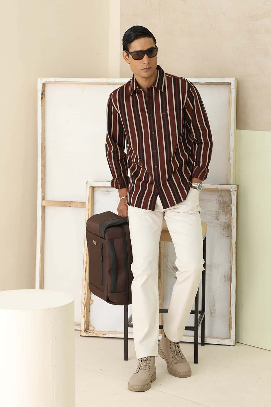 Basics Slim Fit Mink Brown Cotton Herring Bone Stripe Shirt