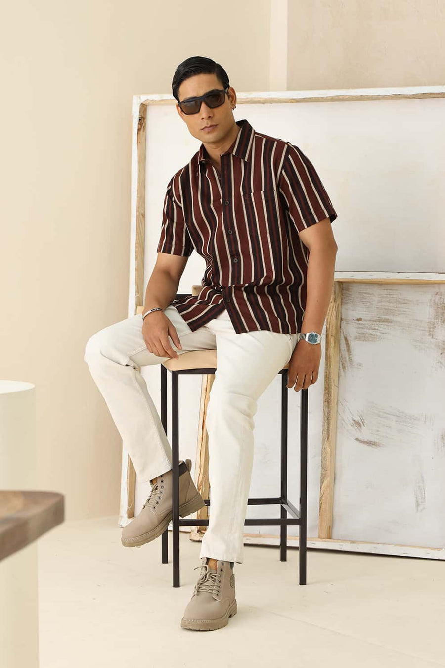 Basics Slim Fit Mink Brown Cotton Herring Bone Stripe Halfsleeves Shirt
