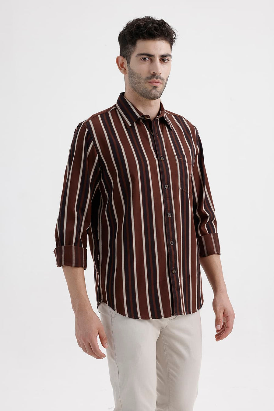 BASICS SLIM FIT MINK BROWN COTTON HERRING BONE STRIPE SHIRT