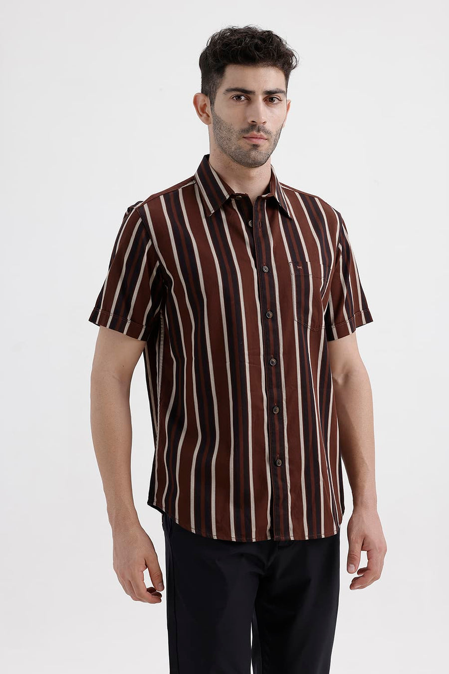BASICS SLIM FIT MINK BROWN COTTON HERRING BONE STRIPE HALFSLEEVES SHIRT