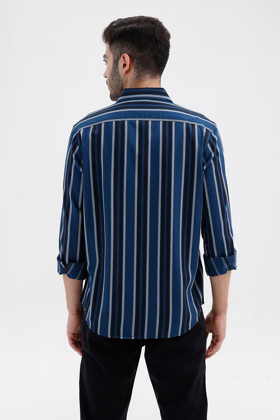 BASICS SLIM FIT SAILOR NAVY COTTON HERRING BONE STRIPE SHIRT