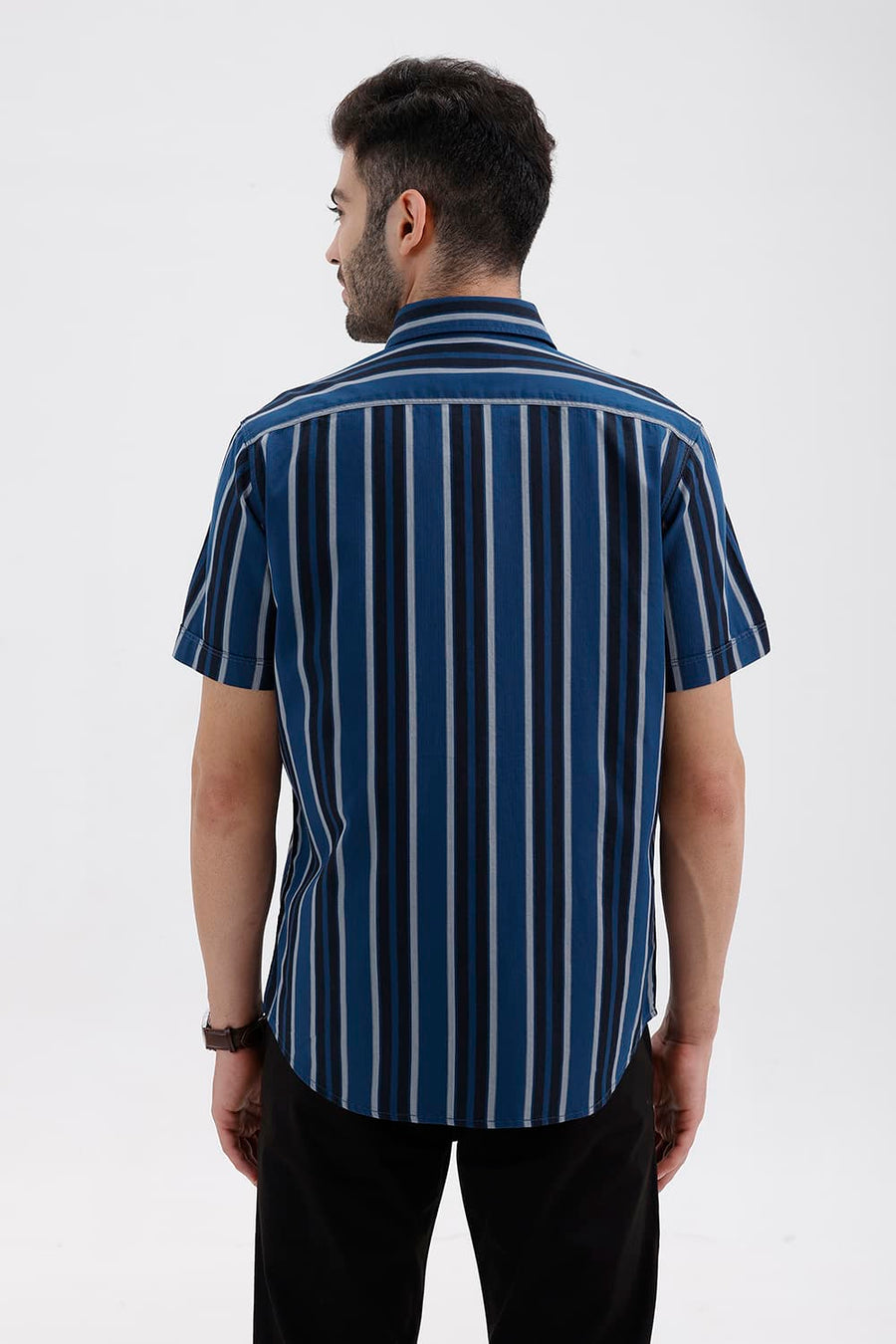 BASICS SLIM FIT SAILOR NAVY COTTON HERRING BONE STRIPE HALFSLEEVES SHIRT
