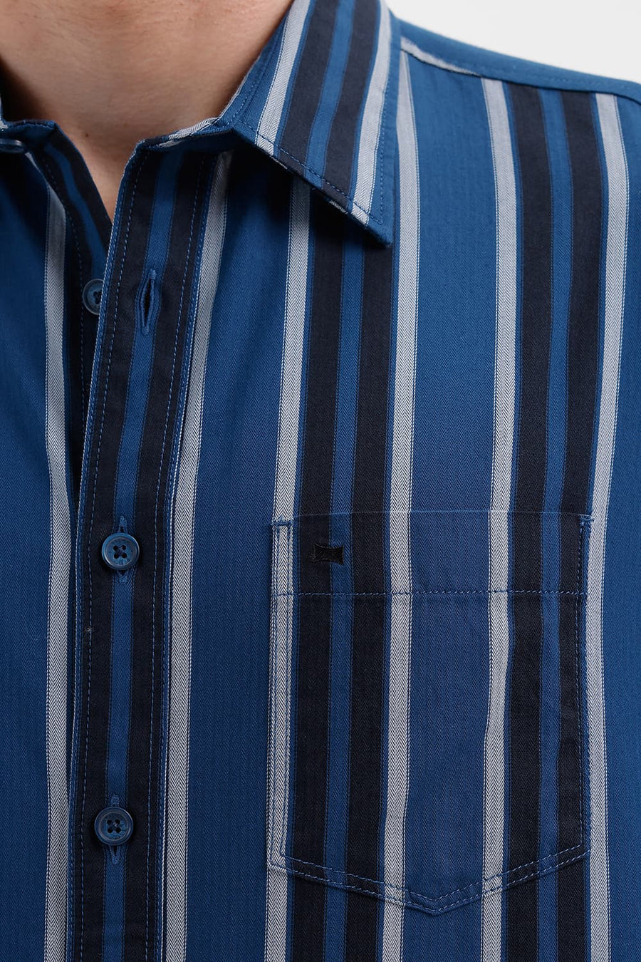 BASICS SLIM FIT SAILOR NAVY COTTON HERRING BONE STRIPE SHIRT