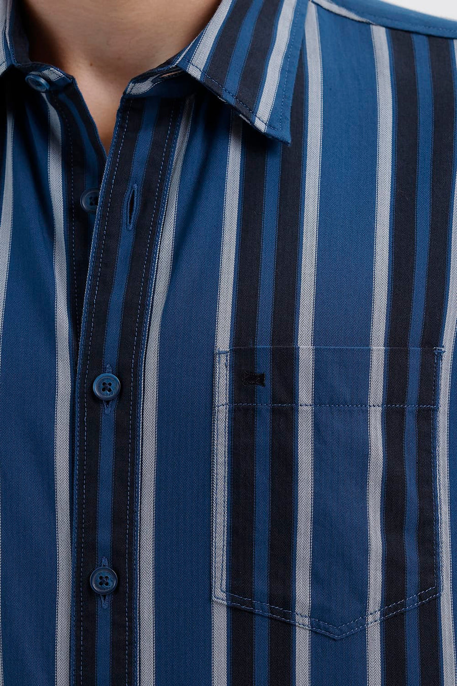 BASICS SLIM FIT SAILOR NAVY COTTON HERRING BONE STRIPE HALFSLEEVES SHIRT