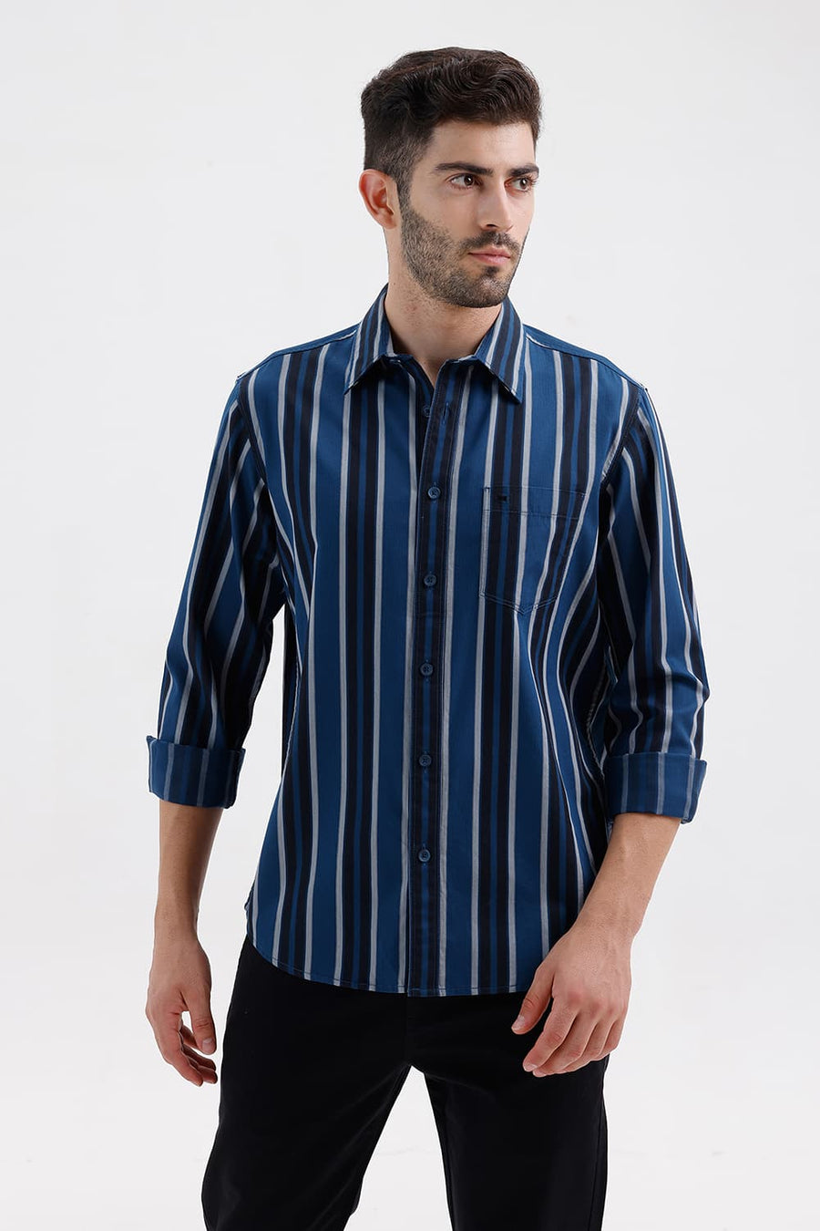 BASICS SLIM FIT SAILOR NAVY COTTON HERRING BONE STRIPE SHIRT