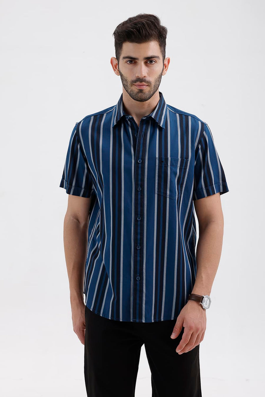 BASICS SLIM FIT SAILOR NAVY COTTON HERRING BONE STRIPE HALFSLEEVES SHIRT