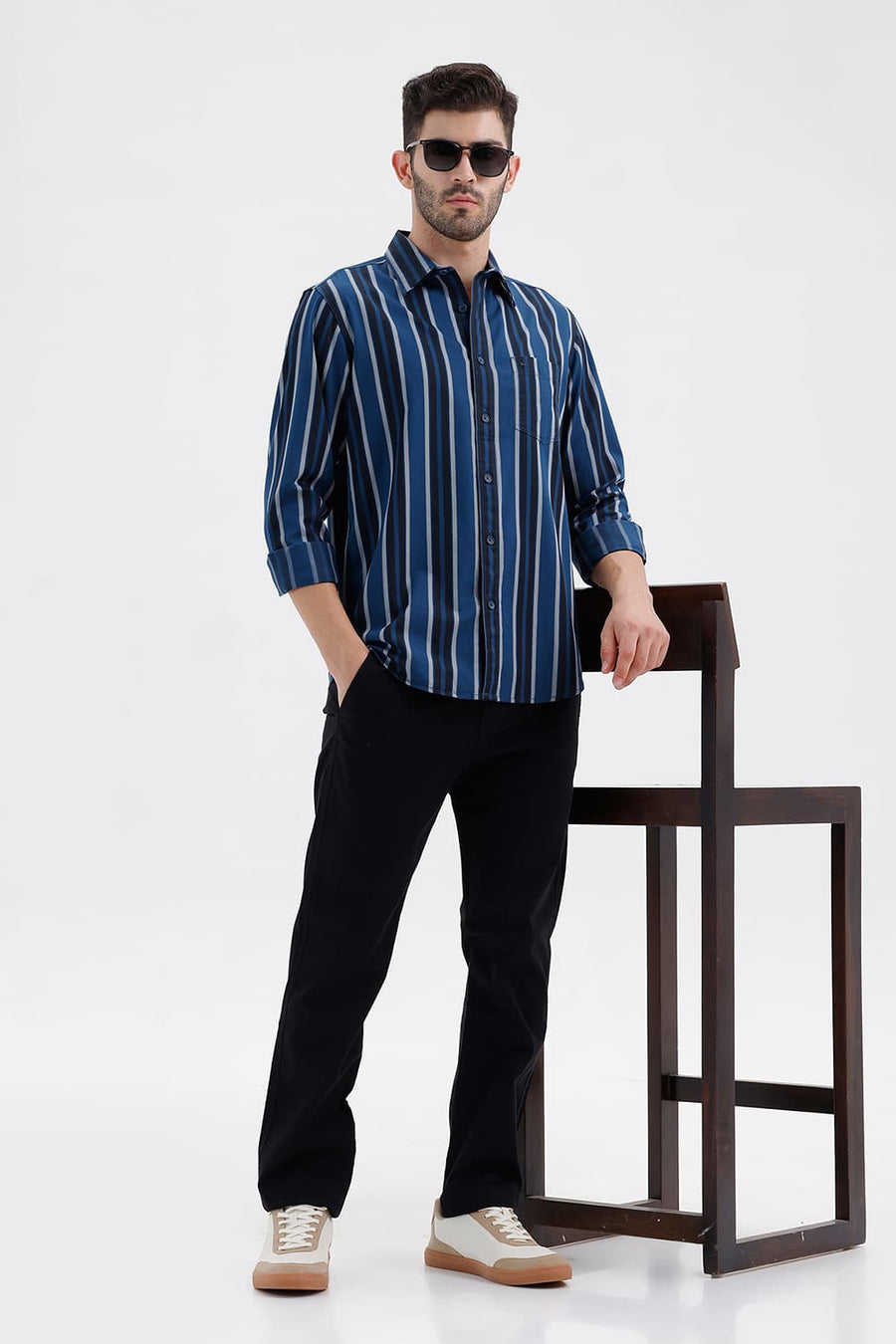 BASICS SLIM FIT SAILOR NAVY COTTON HERRING BONE STRIPE SHIRT