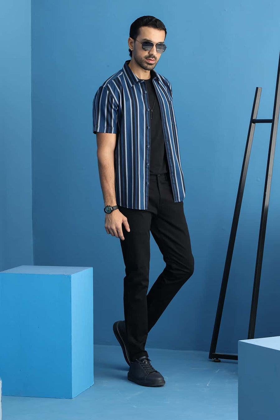 Basics Slim Fit Sailor Navy Cotton Herring Bone Stripe Halfsleeves Shirt