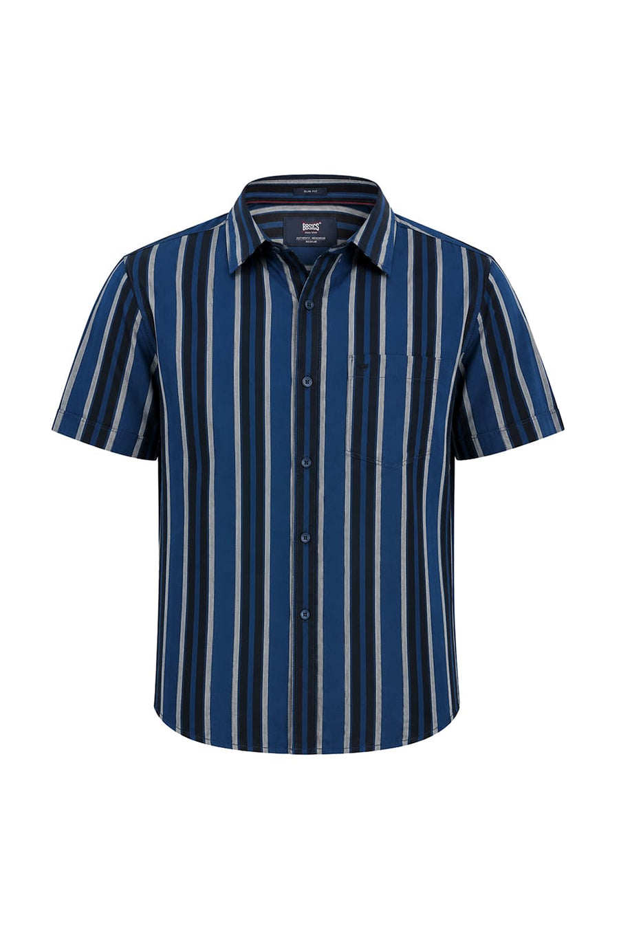 BASICS SLIM FIT SAILOR NAVY COTTON HERRING BONE STRIPE HALFSLEEVES SHIRT