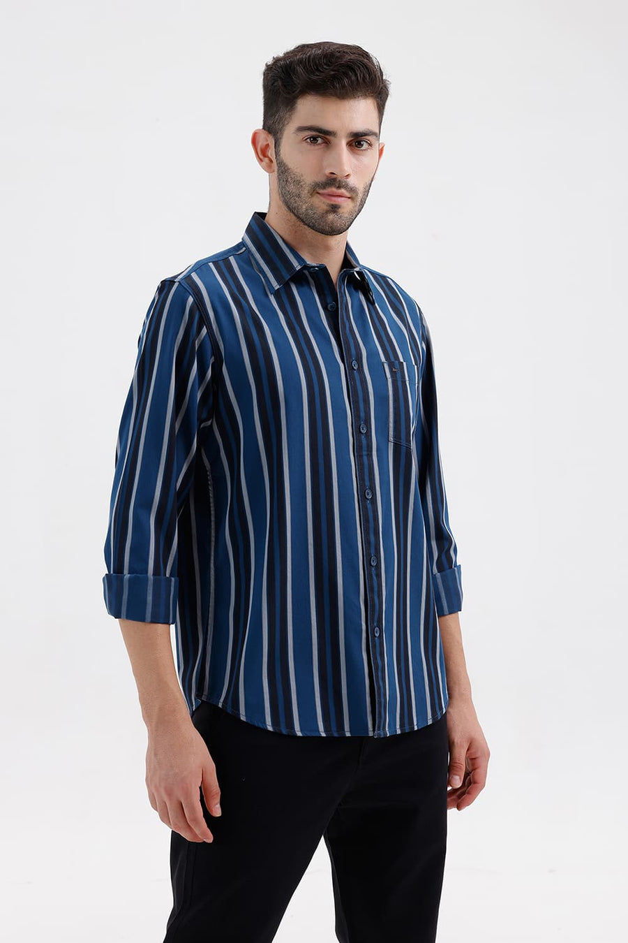 BASICS SLIM FIT SAILOR NAVY COTTON HERRING BONE STRIPE SHIRT
