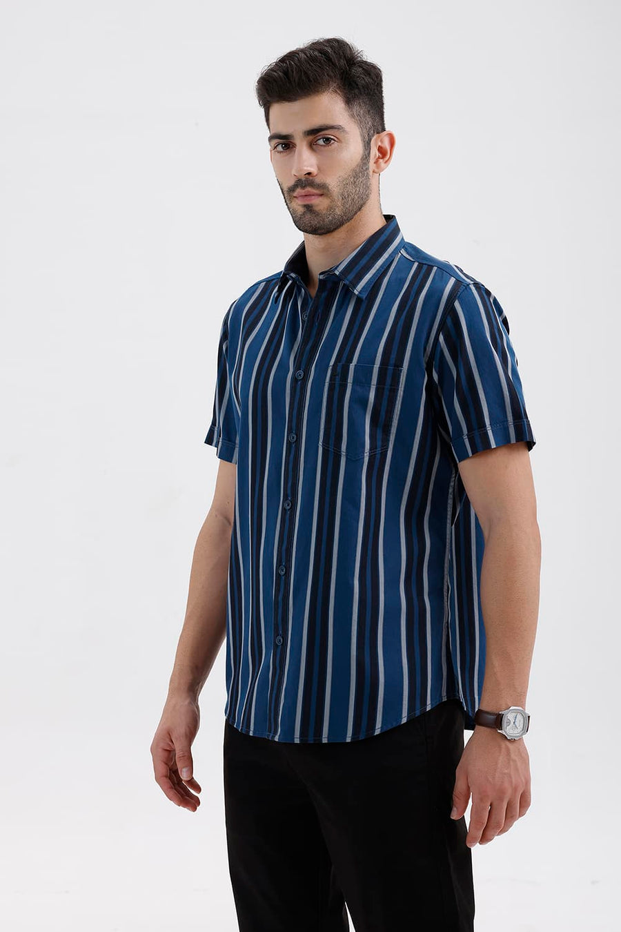 BASICS SLIM FIT SAILOR NAVY COTTON HERRING BONE STRIPE HALFSLEEVES SHIRT