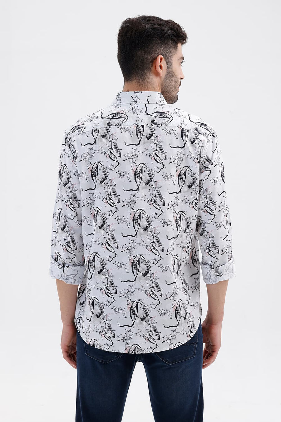 BASICS SLIM FIT LUCENT WHITE COTTON DIGITAL PRINTED SHIRT