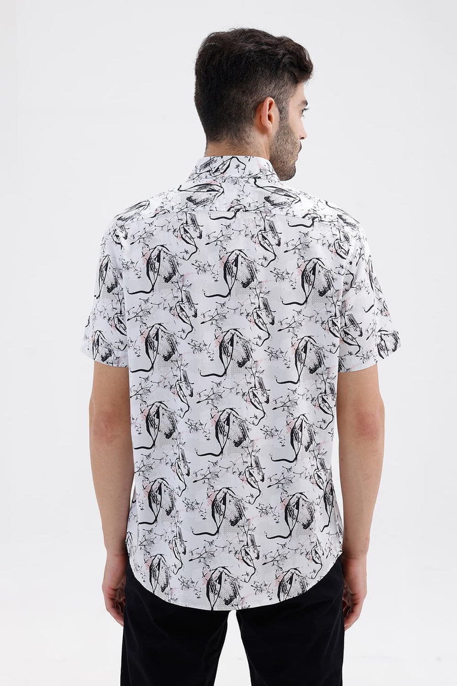 BASICS SLIM FIT LUCENT WHITE COTTON DIGITAL PRINTED HALFSLEEVES SHIRT