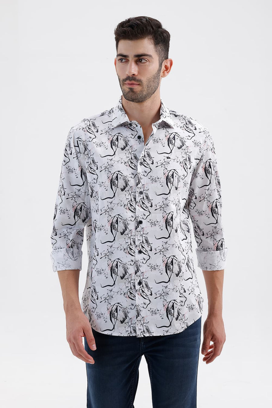BASICS SLIM FIT LUCENT WHITE COTTON DIGITAL PRINTED SHIRT