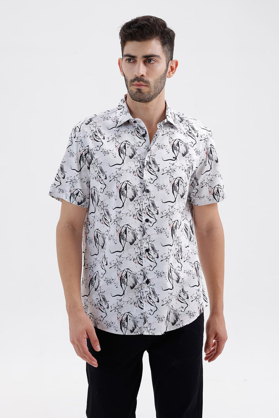 BASICS SLIM FIT LUCENT WHITE COTTON DIGITAL PRINTED HALFSLEEVES SHIRT