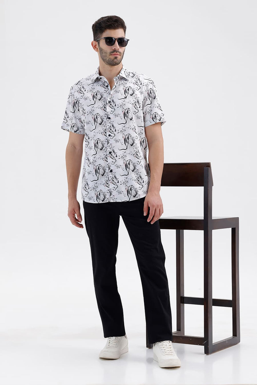 BASICS SLIM FIT LUCENT WHITE COTTON DIGITAL PRINTED HALFSLEEVES SHIRT