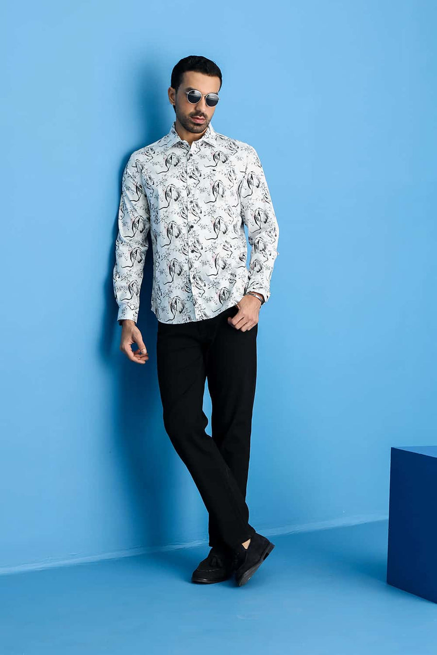 Basics Slim Fit Lucent White Cotton Digital Printed Shirt