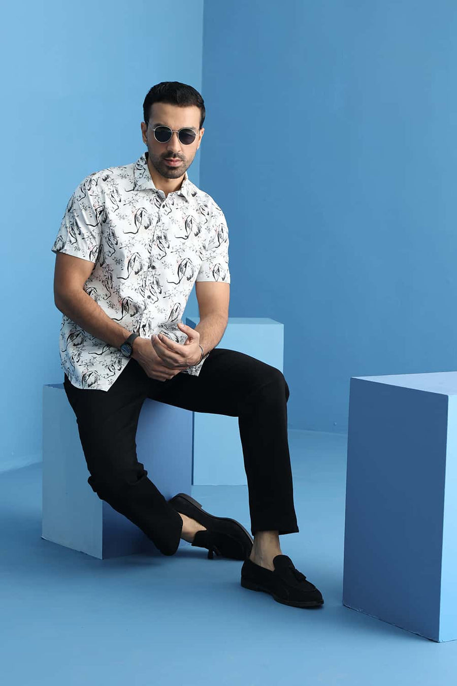 Basics Slim Fit Lucent White Cotton Digital Printed Halfsleeves Shirt