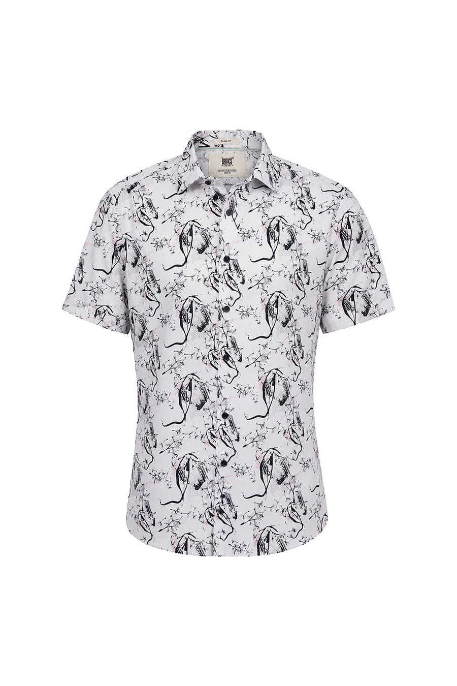 BASICS SLIM FIT LUCENT WHITE COTTON DIGITAL PRINTED HALFSLEEVES SHIRT