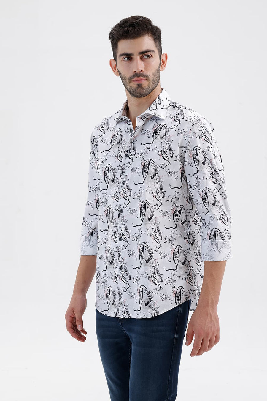 BASICS SLIM FIT LUCENT WHITE COTTON DIGITAL PRINTED SHIRT
