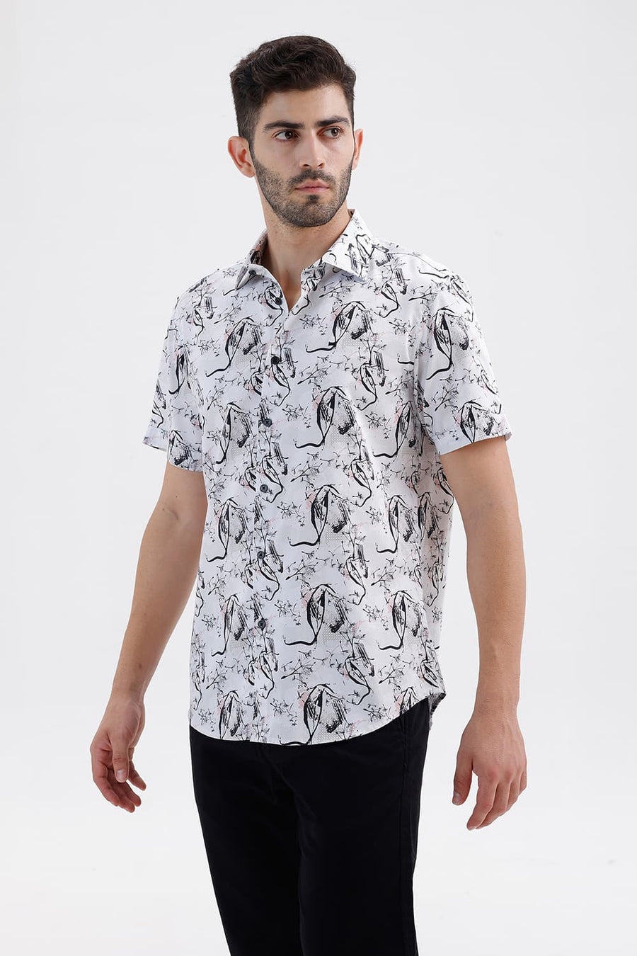BASICS SLIM FIT LUCENT WHITE COTTON DIGITAL PRINTED HALFSLEEVES SHIRT