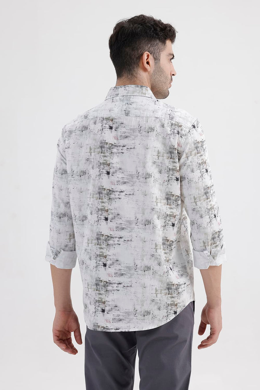 BASICS SLIM FIT GREY STALACTITE COTTON DIGITAL PRINTED SHIRT