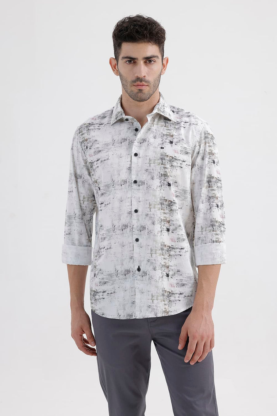 BASICS SLIM FIT GREY STALACTITE COTTON DIGITAL PRINTED SHIRT