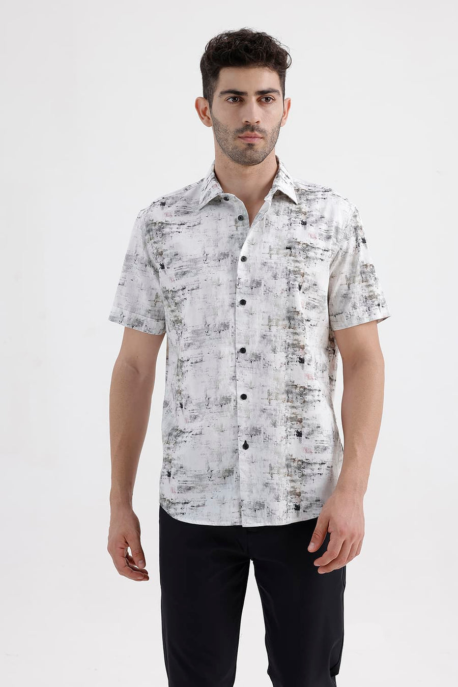 BASICS SLIM FIT GREY STALACTITE COTTON DIGITAL PRINTED HALFSLEEVES SHIRT