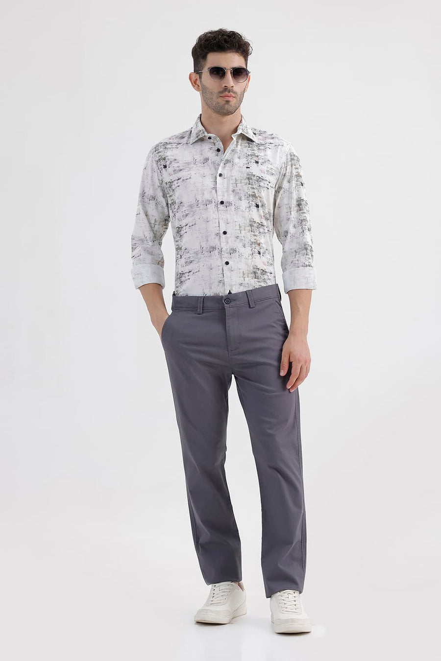 BASICS SLIM FIT GREY STALACTITE COTTON DIGITAL PRINTED SHIRT