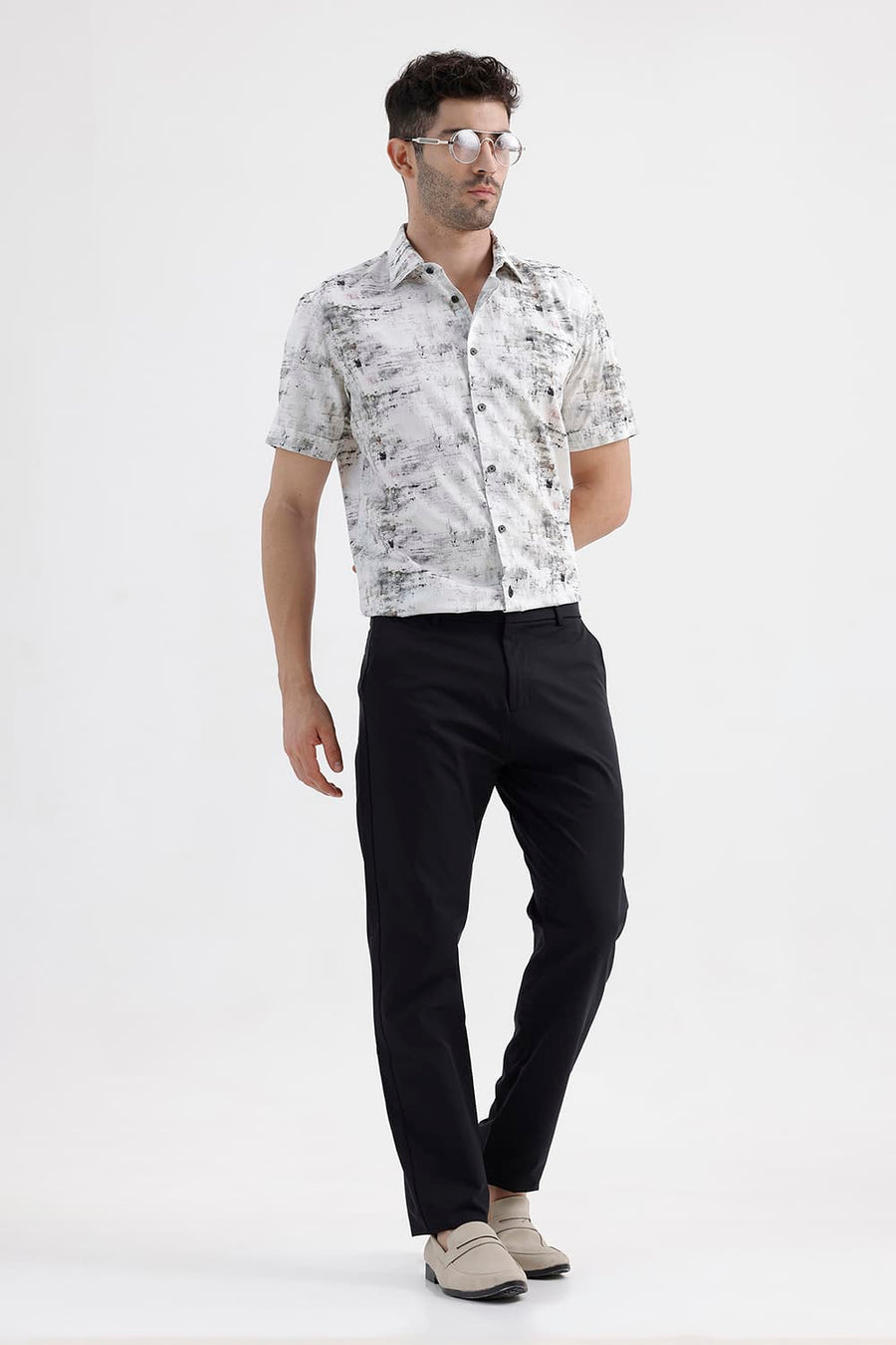 BASICS SLIM FIT GREY STALACTITE COTTON DIGITAL PRINTED HALFSLEEVES SHIRT