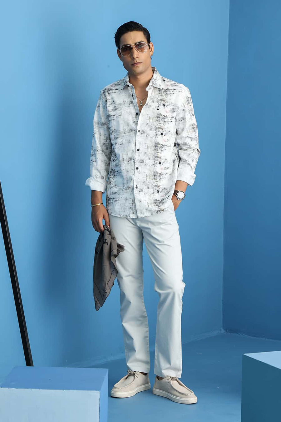 Basics Slim Fit Grey Stalactite Cotton Digital Printed Shirt