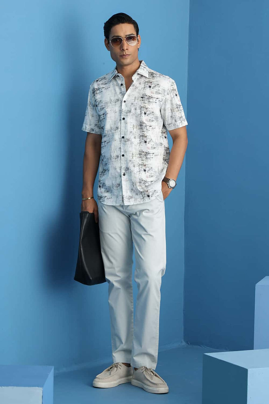 Basics Slim Fit Grey Stalactite Cotton Digital Printed Halfsleeves Shirt