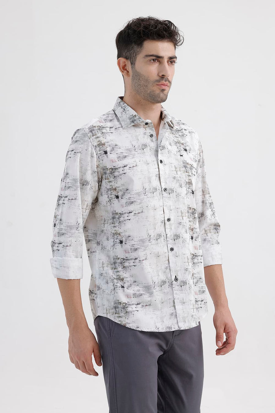BASICS SLIM FIT GREY STALACTITE COTTON DIGITAL PRINTED SHIRT