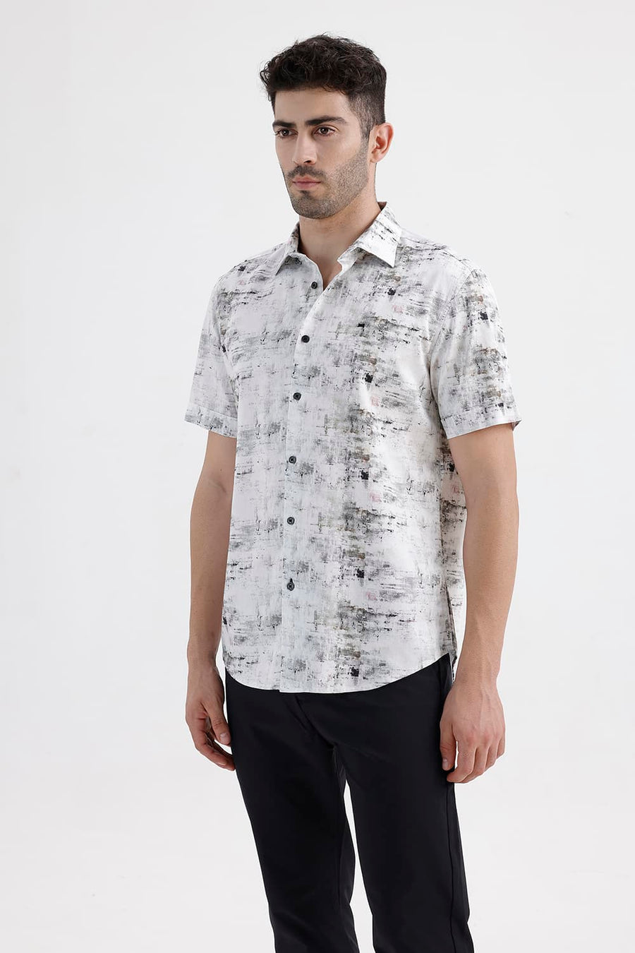 BASICS SLIM FIT GREY STALACTITE COTTON DIGITAL PRINTED HALFSLEEVES SHIRT