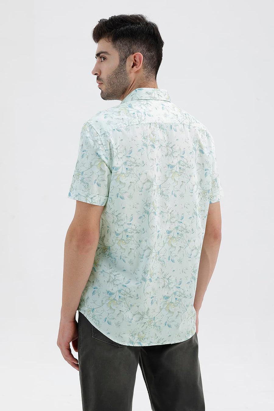 BASICS SLIM FIT FAIREST JADE COTTON DIGITAL PRINTED HALFSLEEVES SHIRT