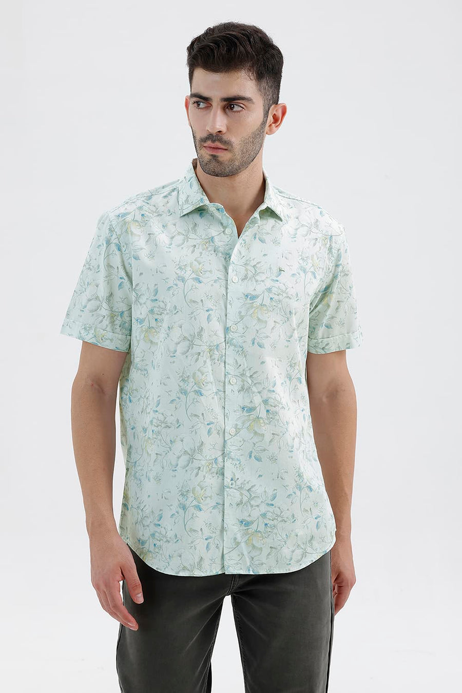 BASICS SLIM FIT FAIREST JADE COTTON DIGITAL PRINTED HALFSLEEVES SHIRT