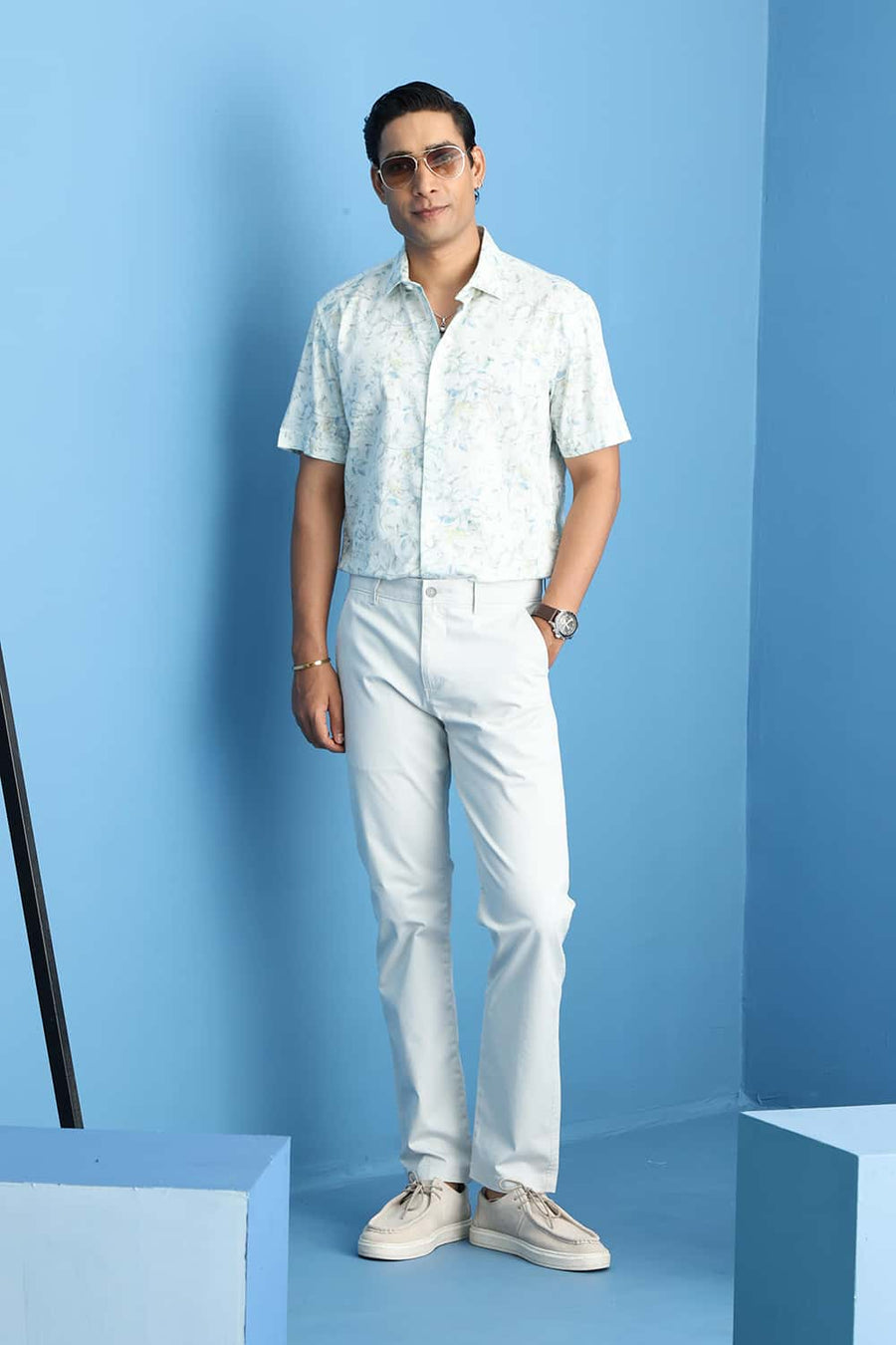 Basics Slim Fit Fairest Jade Cotton Digital Printed Halfsleeves Shirt