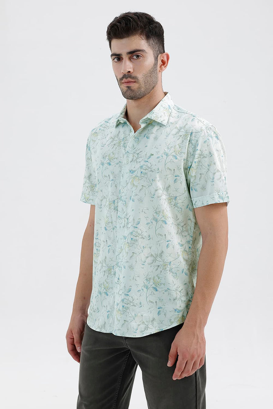 BASICS SLIM FIT FAIREST JADE COTTON DIGITAL PRINTED HALFSLEEVES SHIRT