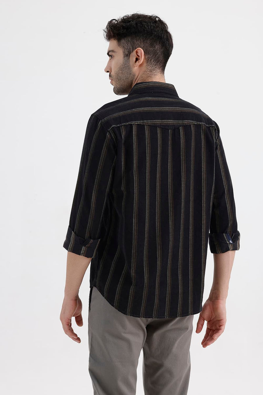 BASICS SLIM FIT ANTHRACITE BROWN COTTON CORDUROY STRIPE SHIRT