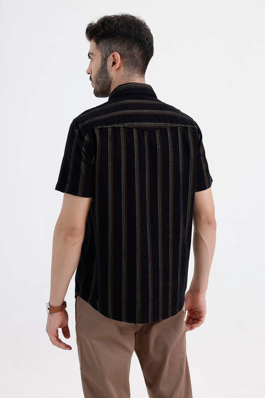 BASICS SLIM FIT ANTHRACITE BROWN COTTON CORDUROY STRIPE HALFSLEEVES SHIRT