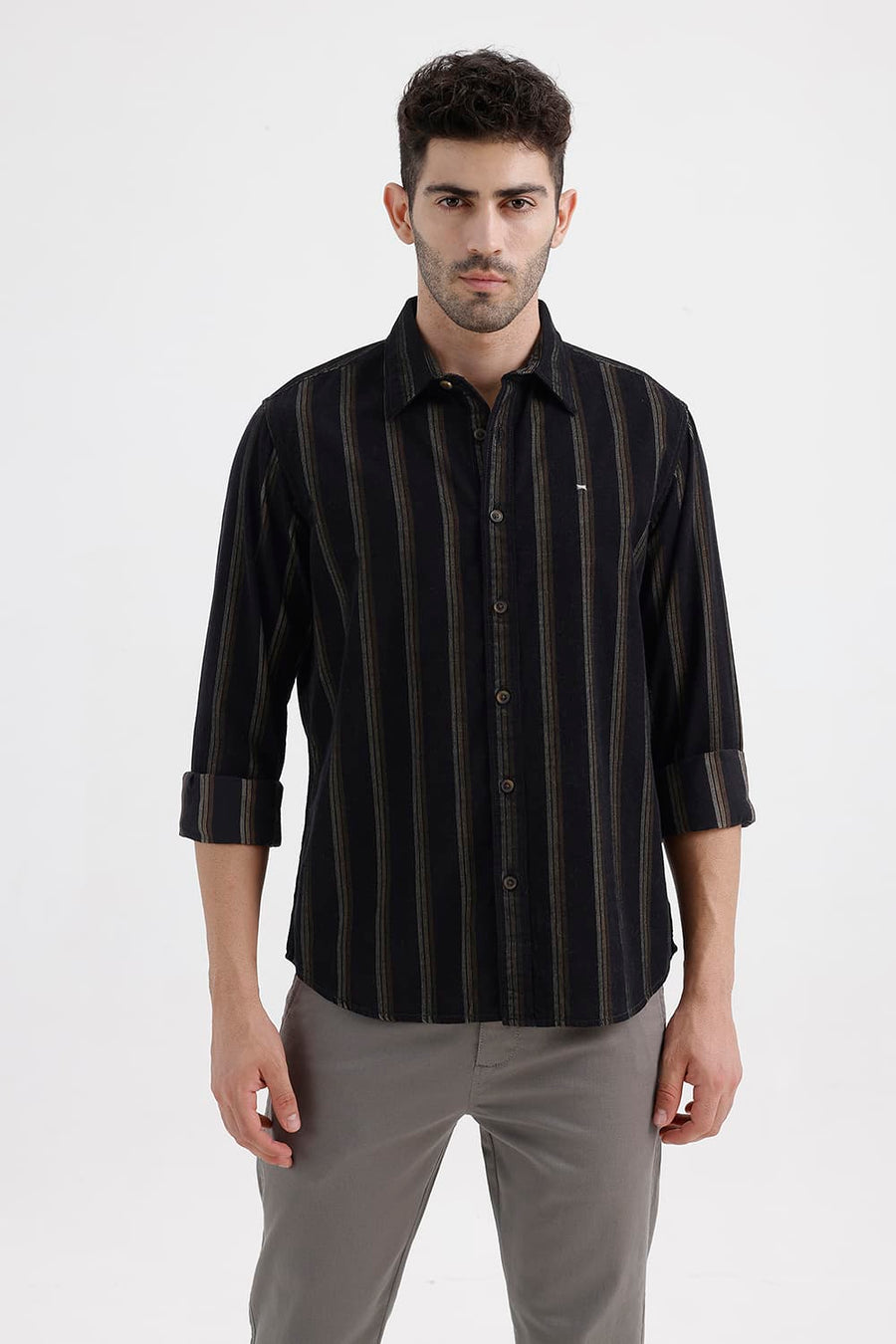 BASICS SLIM FIT ANTHRACITE BROWN COTTON CORDUROY STRIPE SHIRT