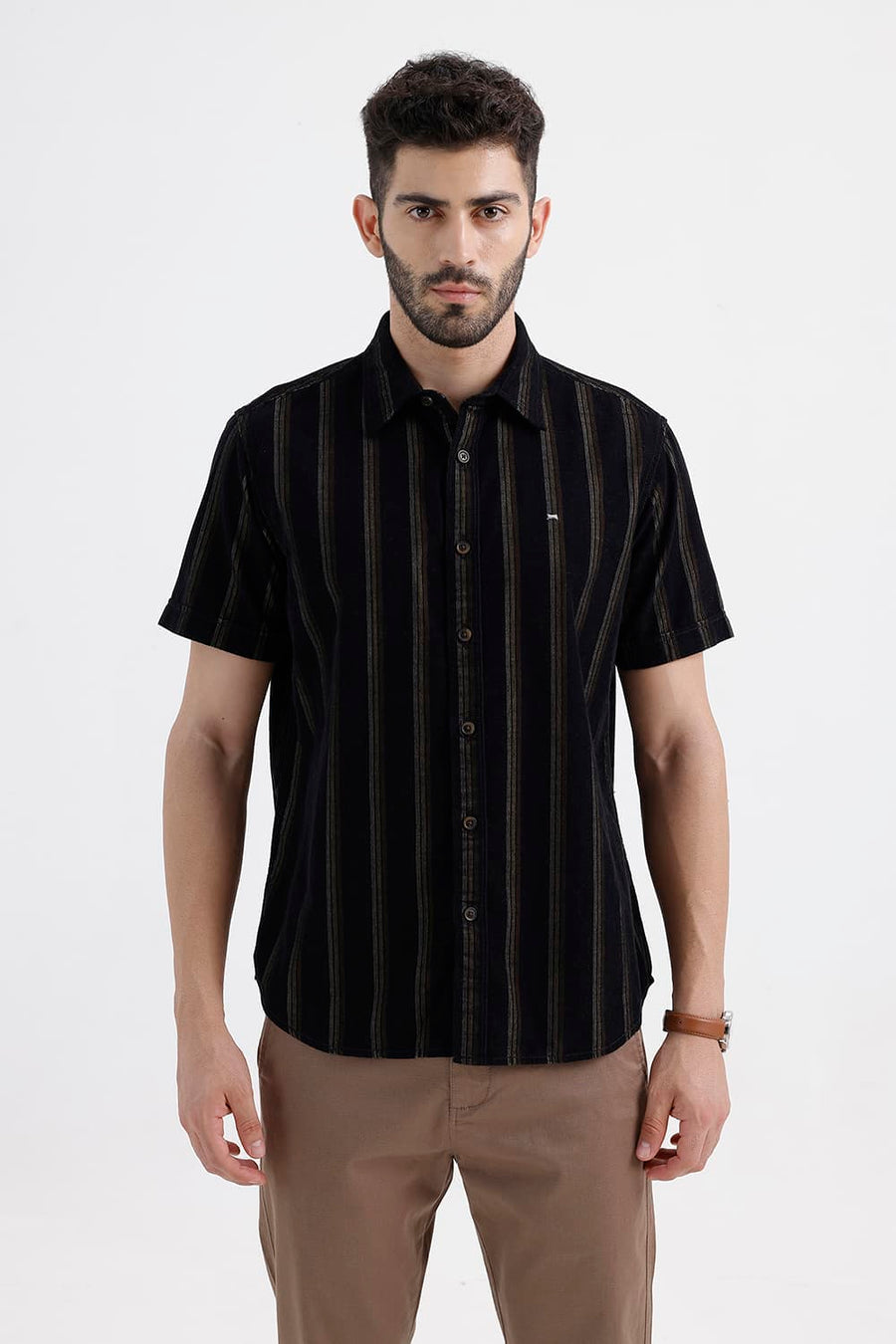 BASICS SLIM FIT ANTHRACITE BROWN COTTON CORDUROY STRIPE HALFSLEEVES SHIRT