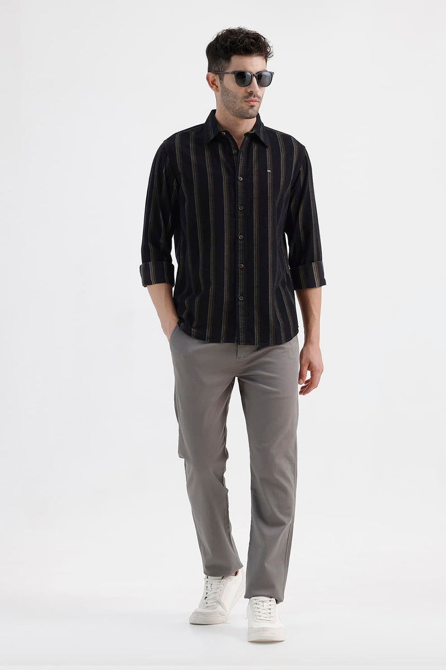 BASICS SLIM FIT ANTHRACITE BROWN COTTON CORDUROY STRIPE SHIRT