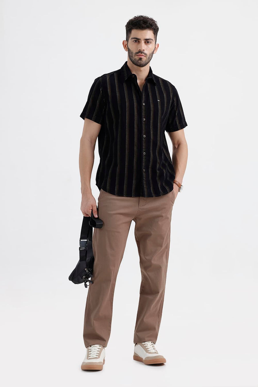 BASICS SLIM FIT ANTHRACITE BROWN COTTON CORDUROY STRIPE HALFSLEEVES SHIRT